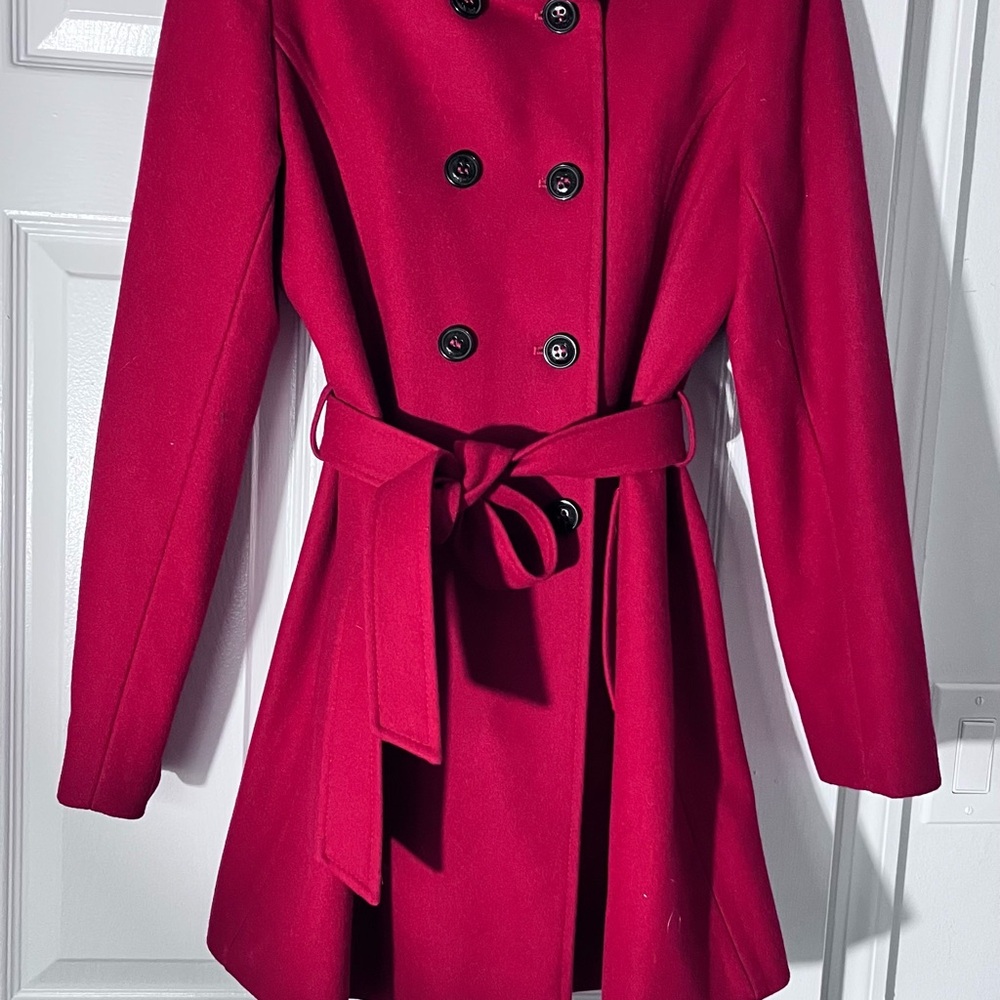 DKNY Donna Karan Wool Blend Women's Double-Breasted Red Trench Coat